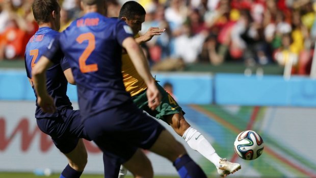 Goal of the World Cup: Tim Cahill takes the ball on the volley against the Netherlands.
