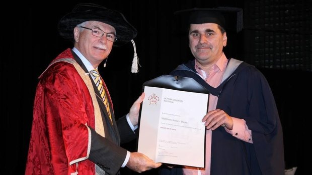Matte Dunn with Dr Phil Moors, graduating from La Trobe University with a Bachelor of Arts in May 2015.