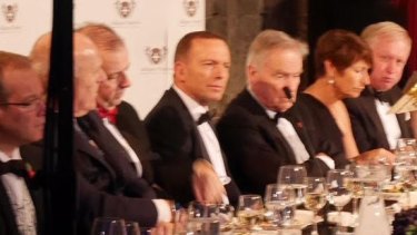 Tony Abbott, fifth from left, with his wife Margaret, second from right, at the Margaret Thatcher lecture in Britain.