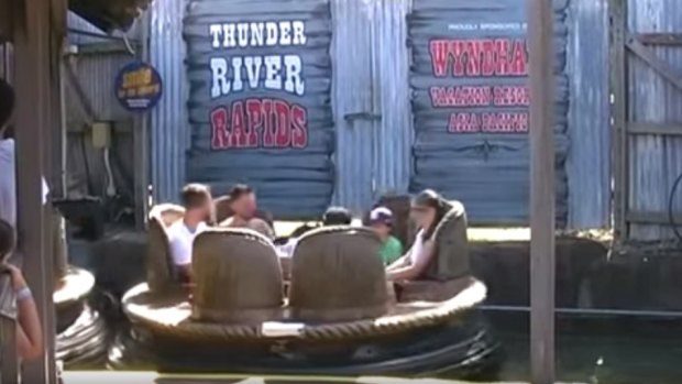 A still image from a 2013 video featuring Dreamworld's Thunder River Rapids ride.