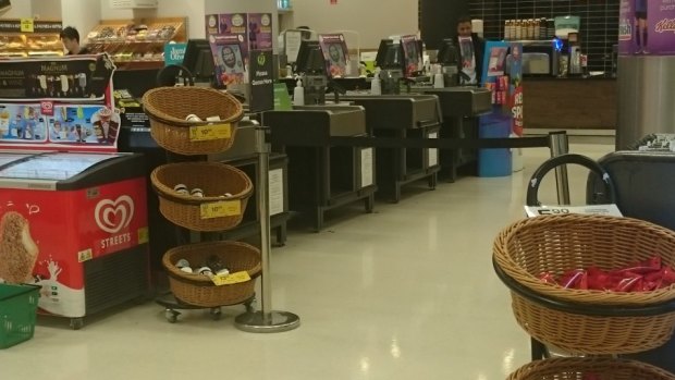 The manned checkouts at my local Woolies at night.