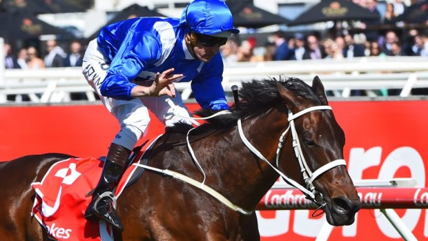Hugh Bowman riding Winx in the  Caulfield Stakes.