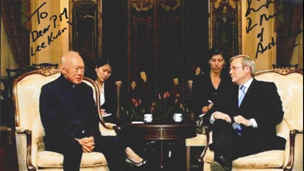 A signed photo of former Australian prime minister Kevin Rudd and Singapore's modern day founder, Lee Kuan Yew.  