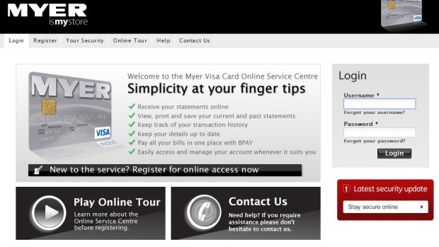 A security warning appears on Myer's website.