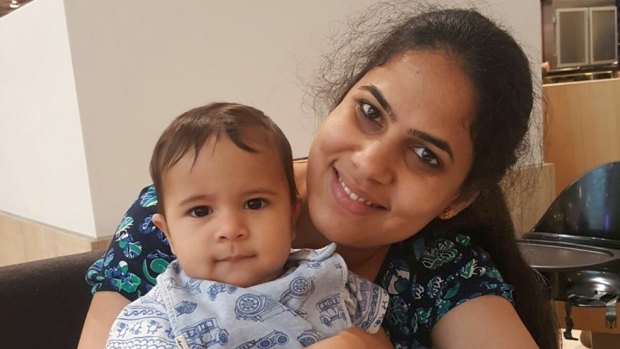 Nethra Krishnamurthy, with her eight-month-old baby boy, was critically injured in Bourke Street on Friday. 