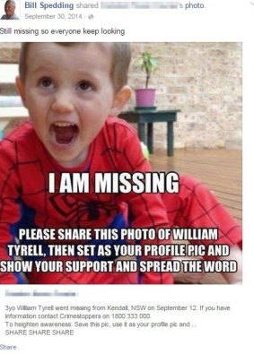 A Facebook post from William Harrie Spedding about missing toddler William Tyrell. 