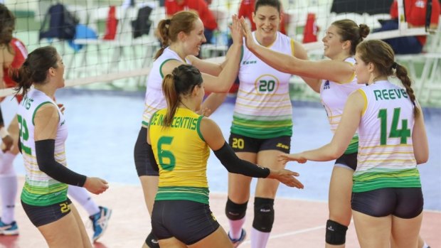 The Australian Volleyroos celebrate at the World Grand Prix.