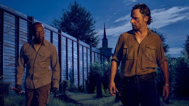 Are you looking at me?: Morgan Jones (Lennie James) and Rick (Andrew Lincoln) patrol Alexandria.