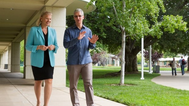 Apple CEO Tim Cook and IBM CEO Ginni Rometty at Apple's headquarters on Tuesday.
