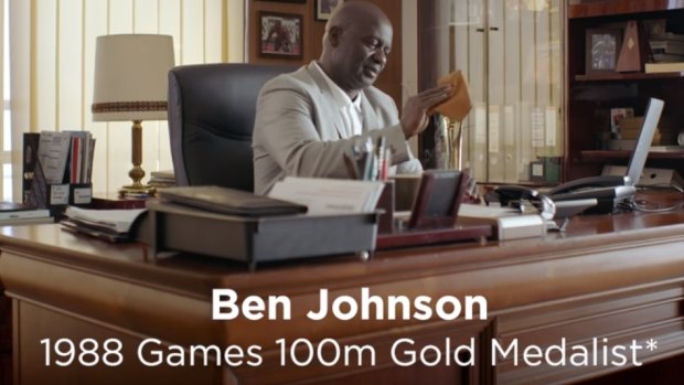 "Unfairly fast": Sprinter Ben Johnson, who admitted to using performance enhancing drugs during his career, in an ad for a betting app that boasts it brings an unfair advantage to customers.