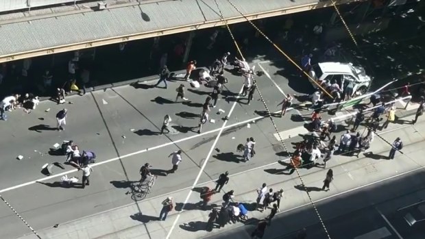 An aerial view of the incident on the corner of Flinders and Elizabeth Street.