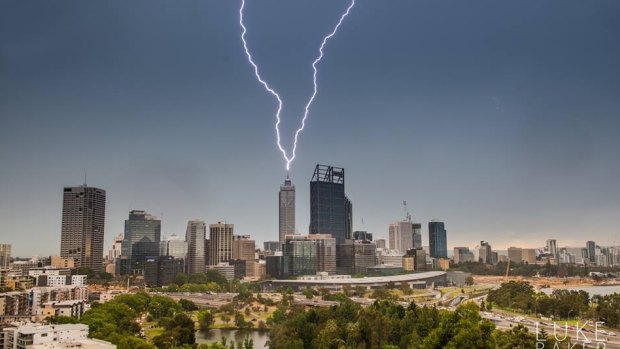 A spectacular lightning strike on Perth city.