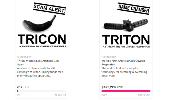 A thumbnail of the Triton campaign, right, and the Tricon campaign as they appear on Indiegogo's search page.