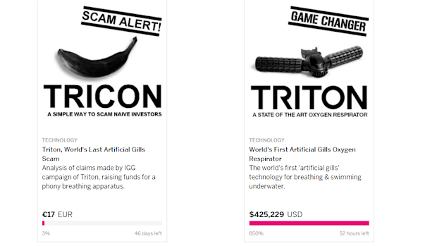 A thumbnail of the Triton campaign, right, and the Tricon campaign as they appear on Indiegogo's search page.