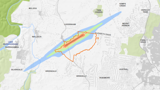 A map released by the federal government on Monday, showing the noise contours from a Badgerys Creek airport.