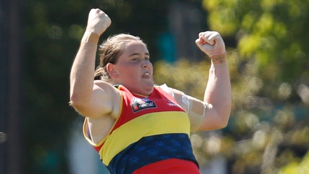 Crows hero Sarah Perkins celebrates a goal during the round seven win against Collingwood.