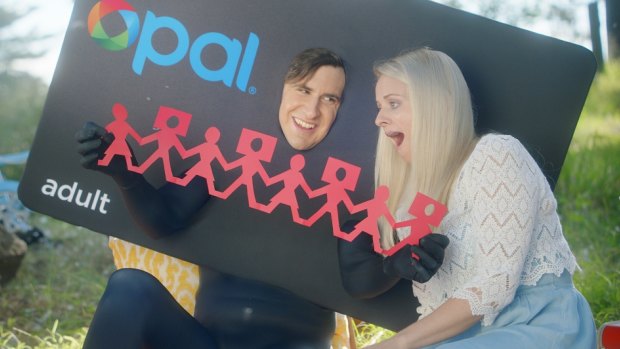 A still from the Opal Man campaign for Opal cards by Transport for NSW.