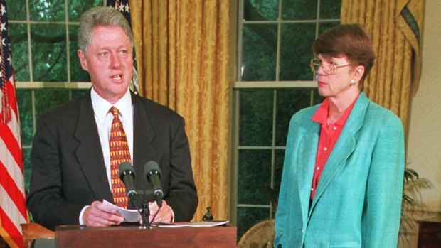 Then-US President Bill Clinton with Attorney General Janet Reno at the White House in 1996.