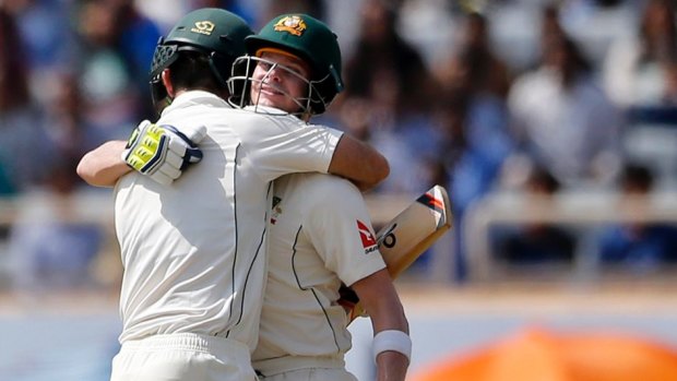 Breakthrough: Smith congratulates Glenn Maxwell on his maiden Test century.
