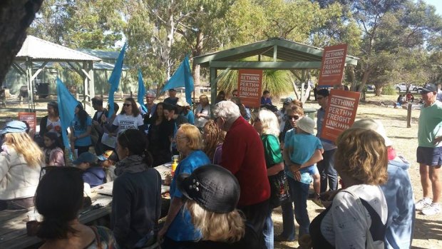 Protesters gather at Cockburn Wetlands Centre on Tuesday. 