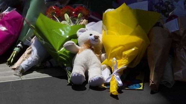 A teddy bear among the flowers on Bourke Street.