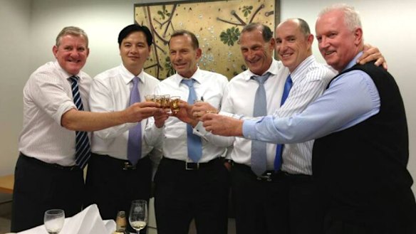 Mr Li Ruipeng (second from left) of Li Guancheng Investment Group (LGIGA) with a number of coalition politicians (including Tony Abbott, McFarlane and Stuart Robert)
