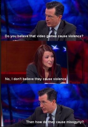 Anita Sarkeesian, in a cut from her appearance on <i>The Colbert Report</i>, on a meme. The segment didn't include the actual quote or exchange. 