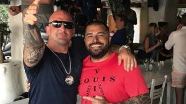 Comanchero boss Mark Buddle (left) with Ali Bazzi in the Mediterranean. Buddle has sent Bazzi home to take charge of the bikie gang after warning members via text message to stop infighting.