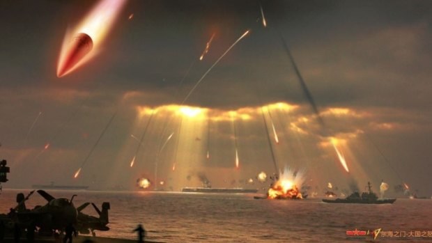 A depiction of China's feared DF-21D anti-ship missile taking out a fleet of US Navy ships - from a Chinese blog. 
