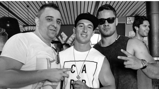 Ally: Daniel Petras, left, with a friend and Jarryd Hayne in 2014.