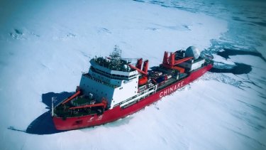 The icebreaker Xuelong (Snow Dragon) on a mission in the Antarctic in December 2016, part of the Chinese Arctic and Antarctic Administration (CHINARE).