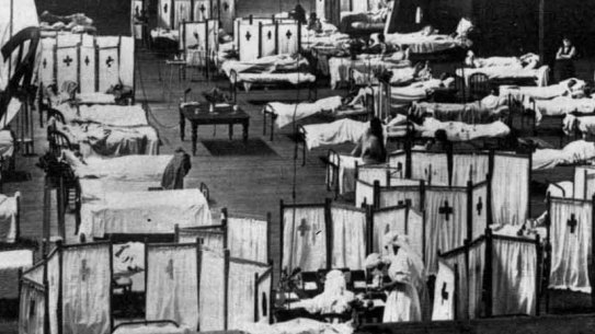 Patients quarantined at Melbourne's Royal Exhibition Building during the influenza pandemic of 1918.