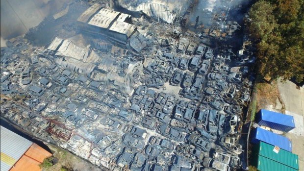 Drone photo of car yard in Revesby after a fire ripped through it today. 