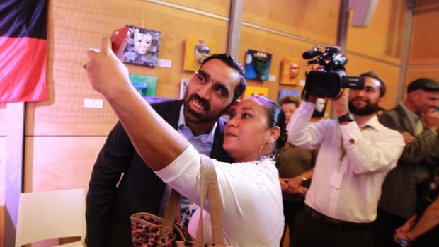 Adam Goodes at an event in Sydney to promote the Recognise campaign to change the constitution to recognise the presence of Aboriginal and Torres Strait Islanders before European settlement.