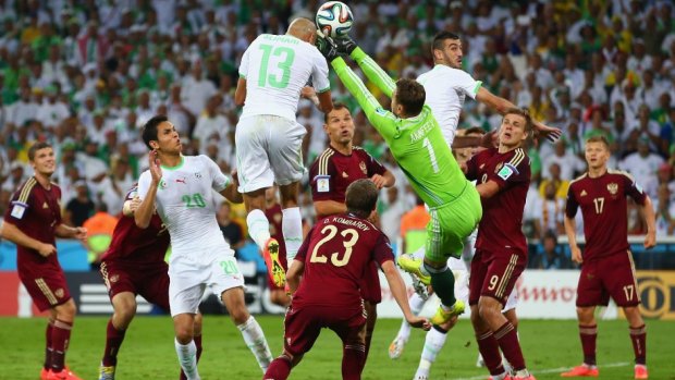 Islam Slimani headed home seconds after a laser appeared to be aimed at Russian keeper Igor Akinfeev.