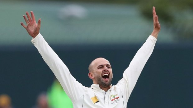 No joy: Nathan Lyon appeals unsuccessfully for the wicket of Temba Bavuma during the second Test.
