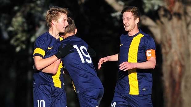 Jamie Dimitroff, left, got on the scoresheet for the FFA Centre of Excellence.