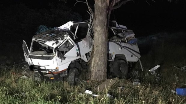 The family's Mitsubishi mobile home hit a tree after allegedly being struck from behind by a B-double at Yarra near Goulburn on Friday night.