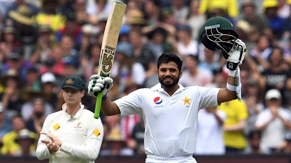 Pakistan's Azhar Ali celebrates his century at the MCG during the Boxing Day Test.