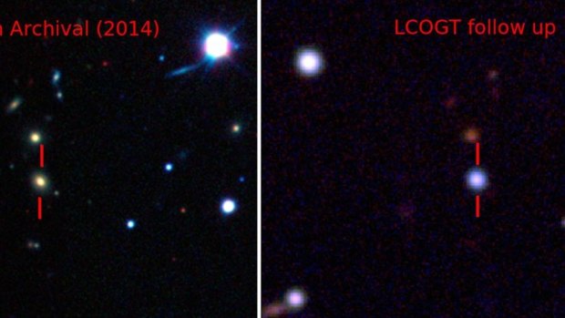 Pseudo-colour images showing the host galaxy before the explosion of ASASSN-15lh (Left), and the supernova (Right).