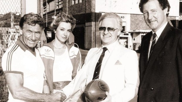 Tom Hafey, Leanne and Dr Geoffrey Edelsten and Don Roach at the SCG in 1985.
