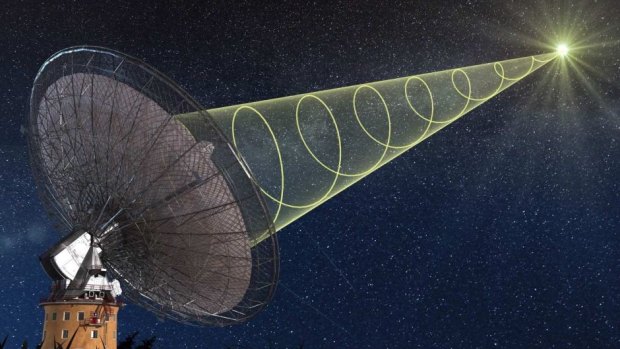 Illustration of the Parkes radio telescope receiving the polarised signal from the new fast radio burst.