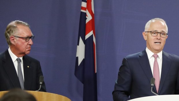 David Gonski with Prime Minister Malcolm Turnbull announcing his Gonski 2.0 education funding. 