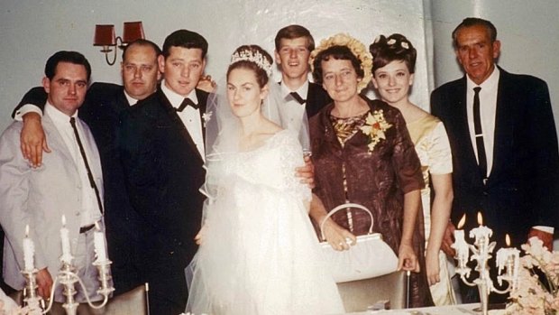 Turner (second from right) in 1966, aged 16, at brother Ray's wedding. From left: brothers Noel, Ralph and Ray, Ray's wife
Val, brother Leigh, parents Isabell and Leo. This picture was taken just before a punch-up between the boys, she says.