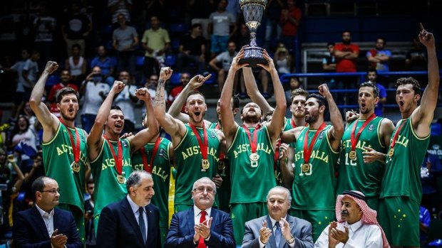 The Australian Boomers raise the FIBA Asia Cup on Monday.