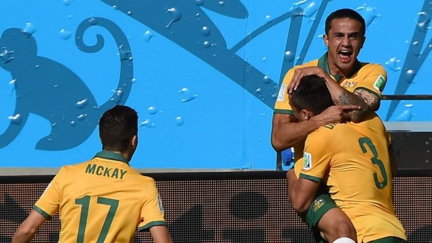 Australia's Tim Cahill celebrates after scoring his wonder goal against The Netherlands.