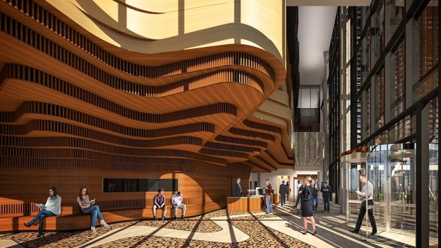 In the entrance to Shepparton's new court building, layered timbers abstract the Koori court logo of a giant tree and its roots.