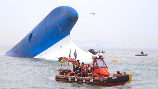 The coast guard search for survivors in last year's ferry tragedy off Jindo Island, South Korea.