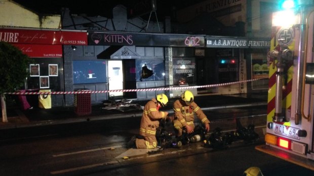 Firefighters at the scene of the Kittens fire in Caulfield in February 2016.