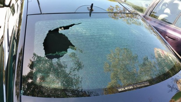 Steven is grateful his four-year-old son was not sitting in this spot when an object was thrown threw his rear window on Tuesday. 